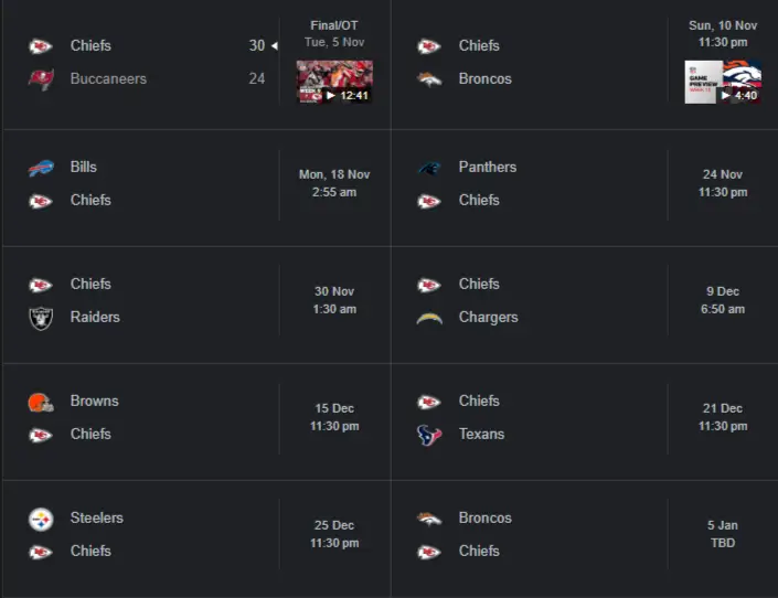 Kansas City Chiefs next matches